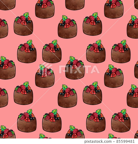 Illustration raster seamless pattern brown color chocolate cake decorated with berries on a pink Illustration raster seamless pattern brown color chocolate cake decorated with berries on a pink 85599481
