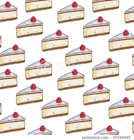 Illustration raster seamless pattern piece of cake souffle yellow color decorated with berry on 85599485