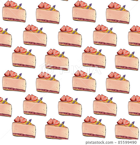 Illustration raster seamless pattern piece of cake souffle orange color decorated with berry on 85599490
