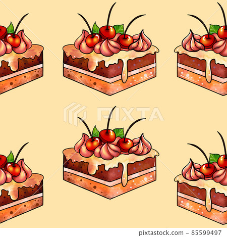 Illustration raster seamless pattern brown color cake pieces on yellow background 85599497