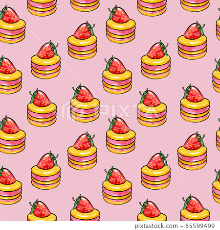 Illustration raster seamless pattern round yellow.red color cake decorated with strawberries on a 85599499