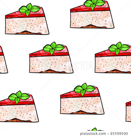 Illustration raster seamless pattern piece of cake souffle pink color decorated with greenery leaves Illustration raster seamless pattern piece of cake souffle pink color decorated with greenery leaves 85599500