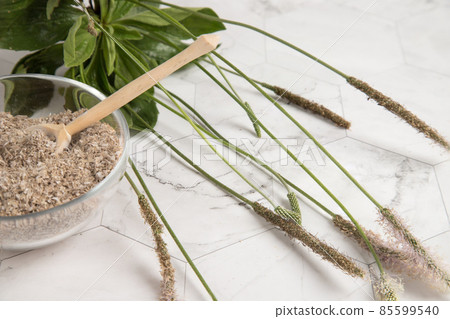 A transparent plate with psyllium seed husk, a useful superfood on a light background . The concept of useful food additives 85599540