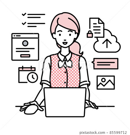 A woman in a clerk uniform sitting at a desk... - Stock Illustration ...