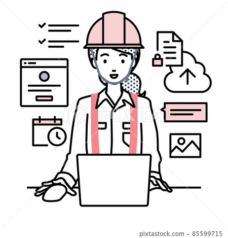 建築工地的一位女士坐在辦公桌前,在電腦上工作以管理項目和任務 建築工地的一位女士坐在辦公桌前,在電腦上工作以管理項目和任務 85599715
