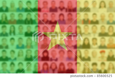 Portraits of many people on the background of the flag of Cameroon. The concept of the population and demographic state of the country 85600325