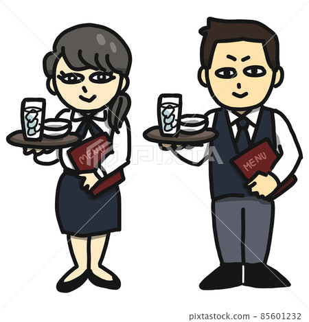 Illustrations of waiters and waitresses in the restaurant. I have a tray with glasses and a menu Illustrations of waiters and waitresses in the restaurant. I have a tray with glasses and a menu 85601232