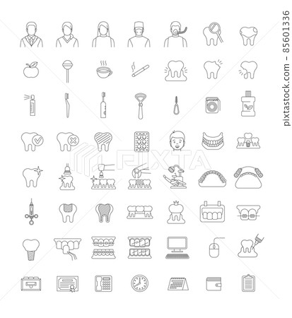 Dentistry icons. Thin line vector signs of dental clinic services. Oral health care concepts. Mouth hygiene, dental implants, surgery, orthodontic. Dentist office staff. Teeth diseases and treatment. 85601336