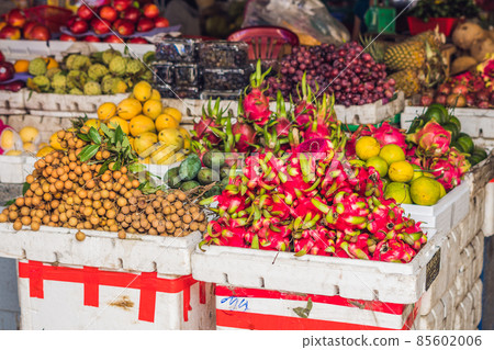 Variety of fruits on the Vietnamese market. Asian cuisine concept 85602006