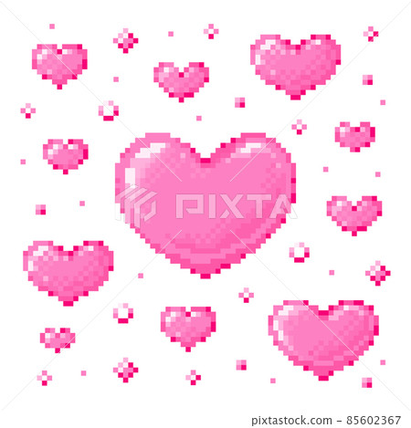 Pixel art hearts set. 8 bit game heart icons collection. Cute pink illustrations of pixel hearts. 85602367