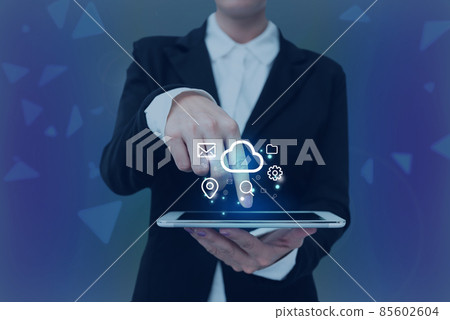 Lady Pressing Screen Of Mobile Phone Showing The Futuristic Technology. Palm Tapping Cell Phone Inside Room Presenting Modern Automation. 85602604