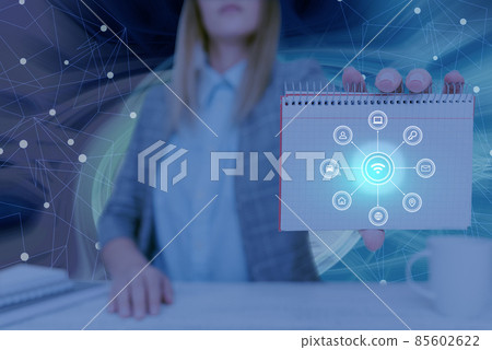 Lady Pressing Screen Of Mobile Phone Showing The Futuristic Technology. Palm Tapping Cell Phone Inside Room Presenting Modern Automation. 85602622