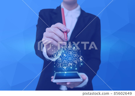 Lady Pressing Screen Of Mobile Phone Showing The Futuristic Technology. Palm Tapping Cell Phone Inside Room Presenting Modern Automation. Lady Pressing Screen Of Mobile Phone Showing The Futuristic Technology. Palm Tapping Cell Phone Inside Room Presenting Modern Automation. 85602649