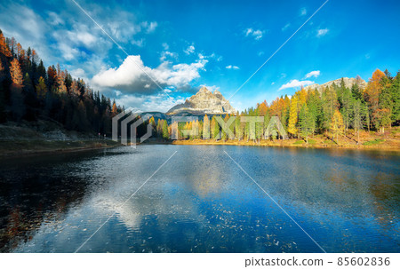 Astonishing view of popular travel destination mountain lake Antorno in autumn. Astonishing view of popular travel destination mountain lake Antorno in autumn. 85602836