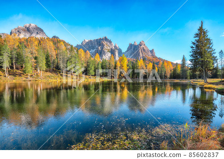 Outstanding view of popular travel destination mountain lake Antorno in autumn. 85602837