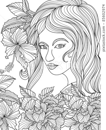 Lady Face Line Drawing With Long Hair... - Stock Illustration [85602974 ...