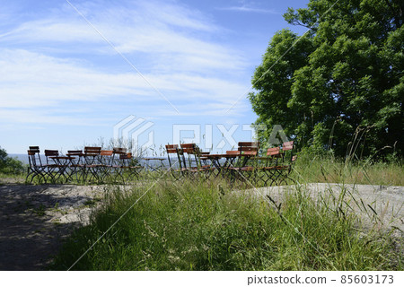outdoor cafe among grass and trees overlooking the sea outdoor cafe among grass and trees overlooking the sea 85603173