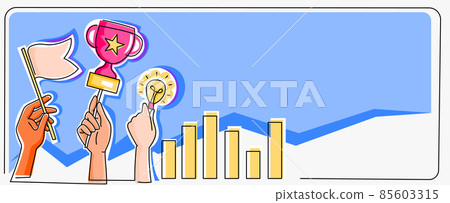 Hands Holding Flag For Goals, Lamp For Ideas And Trophy For Celebrating Success With Graph Bars. Palms Carrying Signs Of New Opinions, Targets And Results Hands Holding Flag For Goals, Lamp For Ideas And Trophy For Celebrating Success With Graph Bars. Palms Carrying Signs Of New Opinions, Targets And Results 85603315