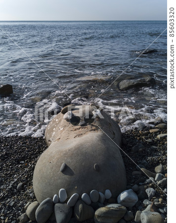 On the seashore there is a figure of a behemoth's head made of a large stone and pebbles On the seashore there is a figure of a behemoth's head made of a large stone and pebbles 85603320