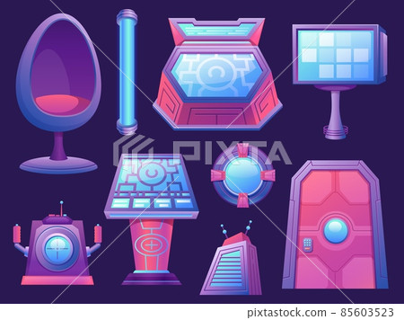 Cartoon spaceship control panels, chair, door and porthole. Futuristic furniture. Cosmic ship digital cockpit. Game space station vector set 85603523