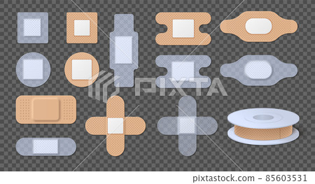 Realistic transparent and beige medical adhesive bandages and plasters. Round wound patches. Elastic antibacterial band aid tape vector set Realistic transparent and beige medical adhesive bandages and plasters. Round wound patches. Elastic antibacterial band aid tape vector set 85603531