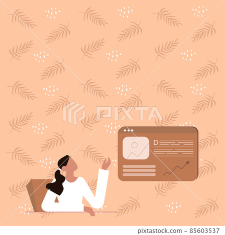 Line Drawing For Lady Sitting Presenting New Ideas With Web Browser Screen. Woman Sitting Office Displaying New Ideas With Conversation Balloon. Line Drawing For Lady Sitting Presenting New Ideas With Web Browser Screen. Woman Sitting Office Displaying New Ideas With Conversation Balloon. 85603537