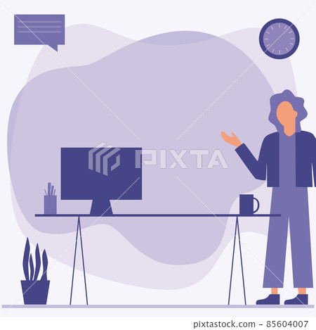 Woman Standing Office Desk Using Laptop With Speech Bubble Beside Plant Vase. Lady Design Uses Portable Computer Placed On Top Of Table Beside A Potted Container. Woman Standing Office Desk Using Laptop With Speech Bubble Beside Plant Vase. Lady Design Uses Portable Computer Placed On Top Of Table Beside A Potted Container. 85604007