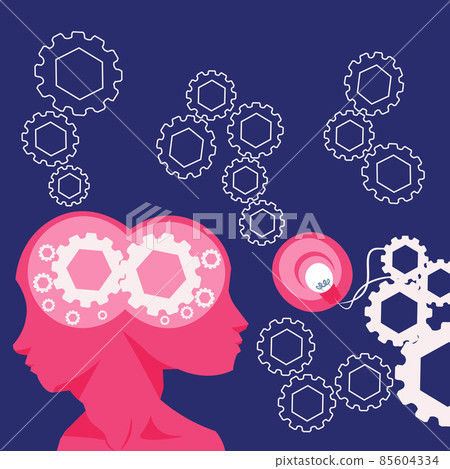 Two Heads With Cogs Showing Technology Ideas. Gears In Brain Symbols Design Displaying Mechanical And Technical Idea. Two Heads With Cogs Showing Technology Ideas. Gears In Brain Symbols Design Displaying Mechanical And Technical Idea. 85604334