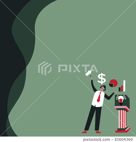 Businessman Standing Alone Presenting Charts And New Financial Ideas With Podium. Employee Using Blazer By Himself Showing Old Amazing Thoughts. 85604360