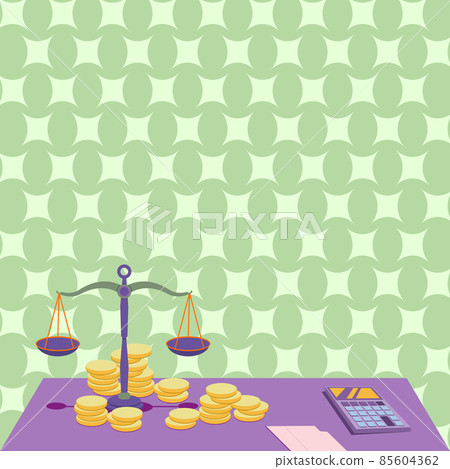Balance Scale Surrounded By Coins Calculator Counting Financial Mortgages. Estimating Finances Through Calculation Measuring. Desk Presenting Money Getting Measured. 85604362