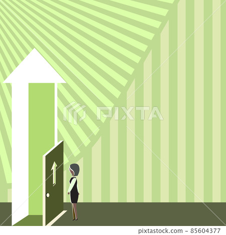 Lady Standing Front Of Door Opening New Opportunities For Success. Business Woman Placing Forward Toward Entrance For Recent Advance In Career. 85604377