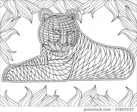 Tiger Line Drawing Surreounded With Flower Frame For Detailed Colouring Book Tiger Line Drawing Surreounded With Flower Frame For Detailed Colouring Book 85605037