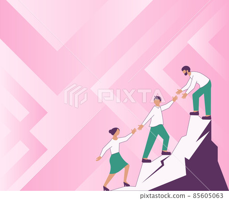 Thee Colleagues Climbing Upwards Mountain Reaching Success Presenting Teamwork. Partners Walking Up Peak Achieving Progress Presenting Combined Effort. 85605063