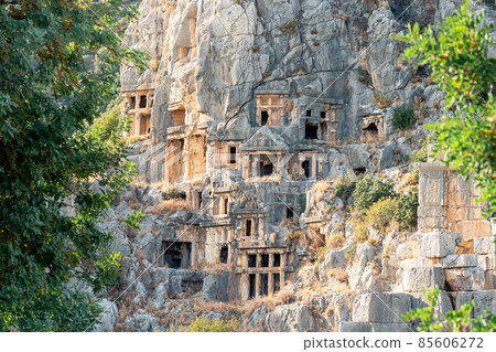 ancient stone-cut tombs in the ruins of Myra in Demre, Turkey 85606272