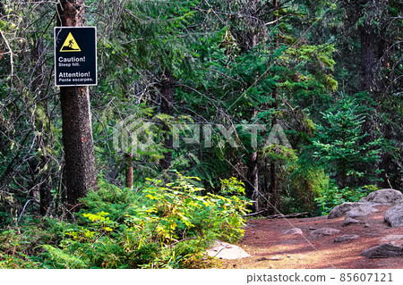 A caution steep hill sign on a edge of a trail 85607121