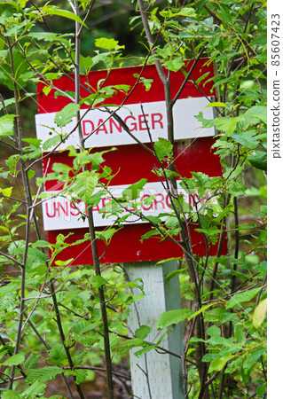 A danger, unstable ground sign obscured by trees 85607423