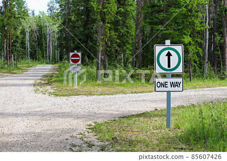 A one way and a wrong way sign by a country road intersection A one way and a wrong way sign by a country road intersection 85607426