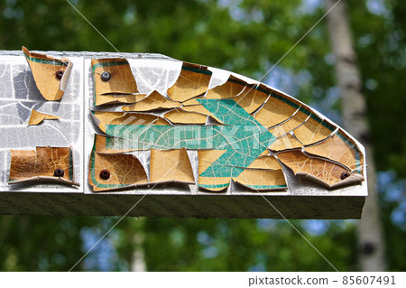A peeling right arrow direction sign on wood A peeling right arrow direction sign on wood 85607491