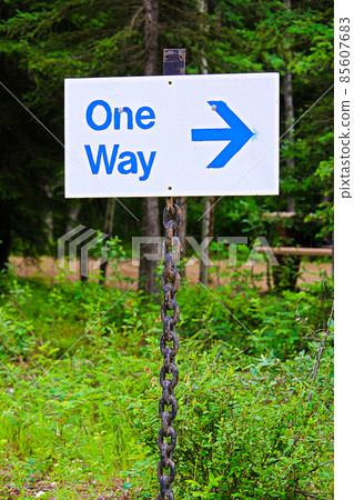 A one way sign with an direction arrow 85607683