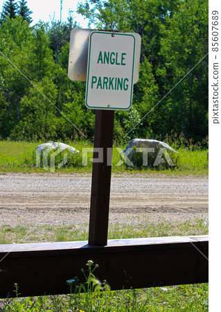 A green angle parking sign with trees in the background 85607689