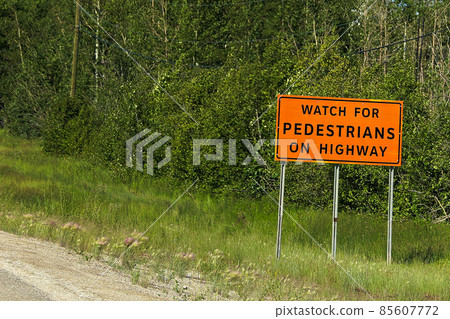 Watch for pedestrians on roadway sign beside a road 85607772