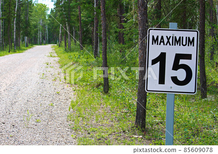 A maximum 15 speed limit sign along a gravel road. 85609078