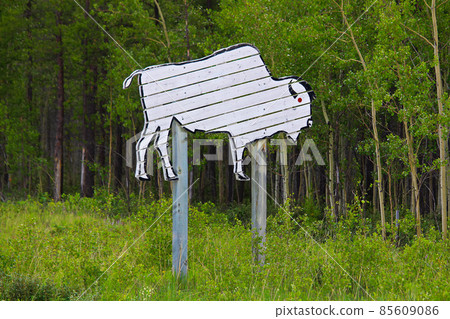 A wooden bison attention sign along the highway 85609086