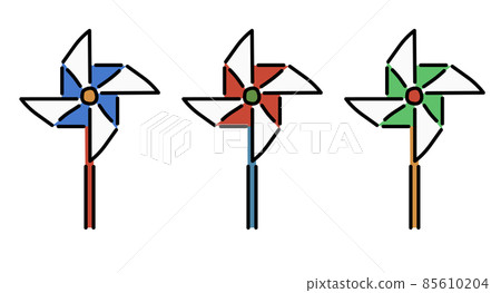 Illustration of three windmills in blue, red and green 85610204