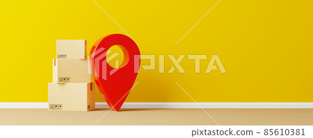 Carton paper box on the floor and blank wall empty space and icon pin location Carton paper box on the floor and blank wall empty space and icon pin location 85610381