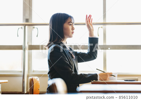 High school girl raising her hand in class 85611010
