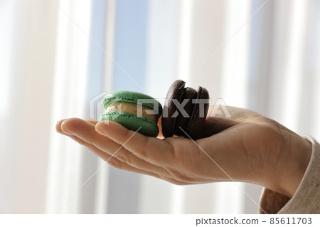 Colorful macaroons in the hands of women Colorful macaroons in the hands of women 85611703
