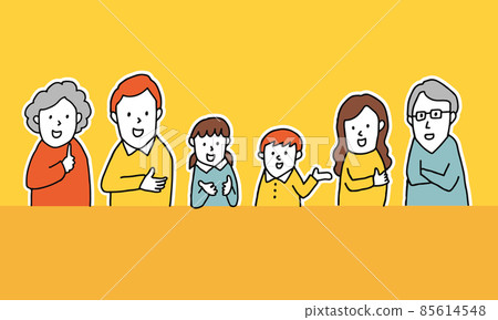 Illustration of a three-generation family having a conversation and family meeting with a smile 85614548