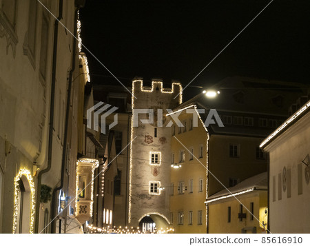 brunico village at night in december xmas lights 85616910