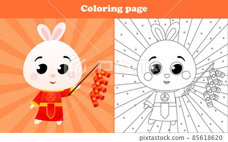 Printable coloring page for kids with cute rabbit in chinese traditional costume and holding firecrackers and fireworks Printable coloring page for kids with cute rabbit in chinese traditional costume and holding firecrackers and fireworks 85618620